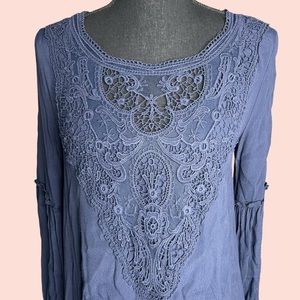 Altar'd State Boho Navy Blue Crochet Boho Long Sleeve Dress Women's Sz Small